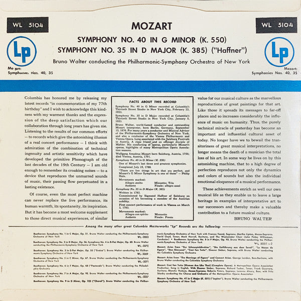 Wolfgang Amadeus Mozart - Symphony No. 40 In G Minor K. 550 / Symphony No. 35 In D Major K.385 "Haffner" (Vinyl, LP, Mono) Very Good Plus (VG+) / Very Good (VG)