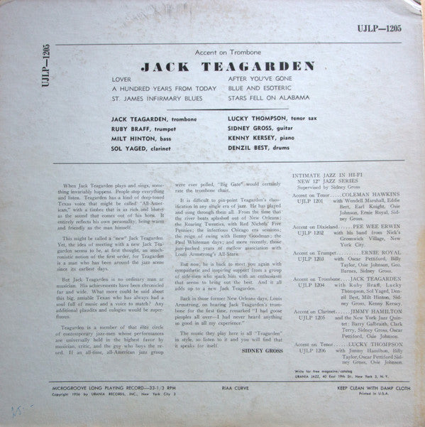 Jack Teagarden - Accent On Trombone (Vinyl, LP, Album, Mono) Very Good (VG) / Poor (P)