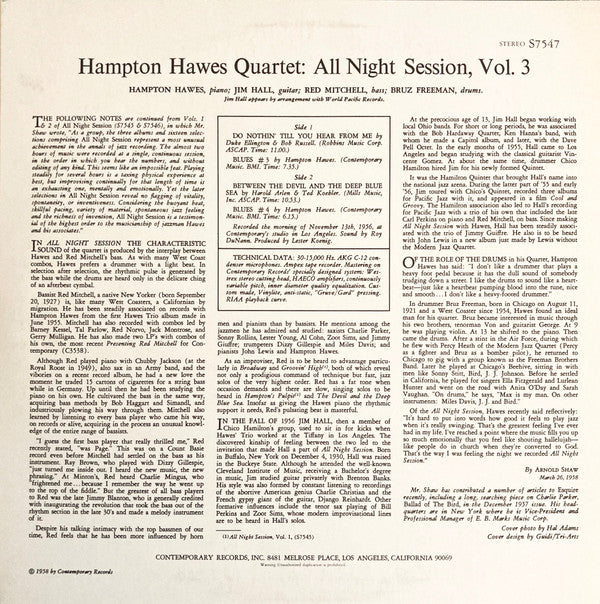 Hampton Hawes Quartet - All Night Session! Vol. 3 (Vinyl, LP, Album, Reissue, Stereo) Very Good Plus (VG+) / Very Good (VG)