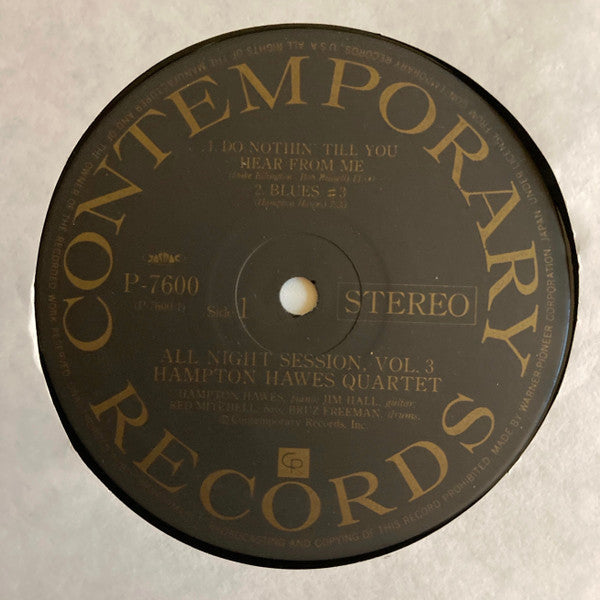 Hampton Hawes Quartet - All Night Session! Vol. 3 (Vinyl, LP, Album, Reissue, Stereo) Very Good Plus (VG+) / Very Good (VG)