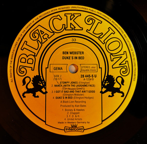 Ben Webster - Duke's In Bed! (Vinyl, LP, Album, Reissue, Stereo) Very Good Plus (VG+) / Very Good (VG)