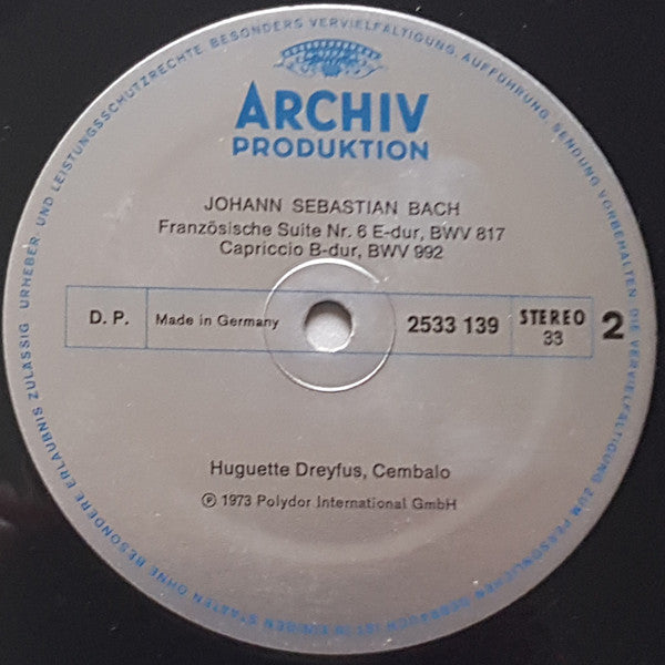 Huguette Dreyfus - Französische Suiten (French Suites ∙ Suites Françaises ∙ Nos. 5-6 ∙ BWV 816-817) - Capriccio BWV 992 (Vinyl, LP, Stereo) Very Good (VG) / Very Good Plus (VG+)