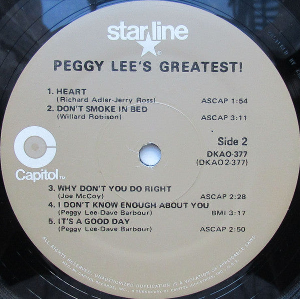 Peggy Lee - Peggy Lee's Greatest! (Vinyl, LP, Compilation) Near Mint (NM or M-) / Very Good Plus (VG+)