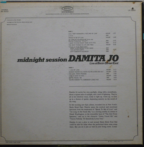 Damita Jo - Midnight Session - Live At Basin Street East (Vinyl, LP, Album) Good Plus (G+) / Good Plus (G+)
