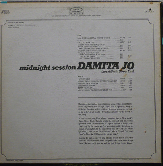 Damita Jo - Midnight Session - Live At Basin Street East (Vinyl, LP, Album) Good Plus (G+) / Good Plus (G+)