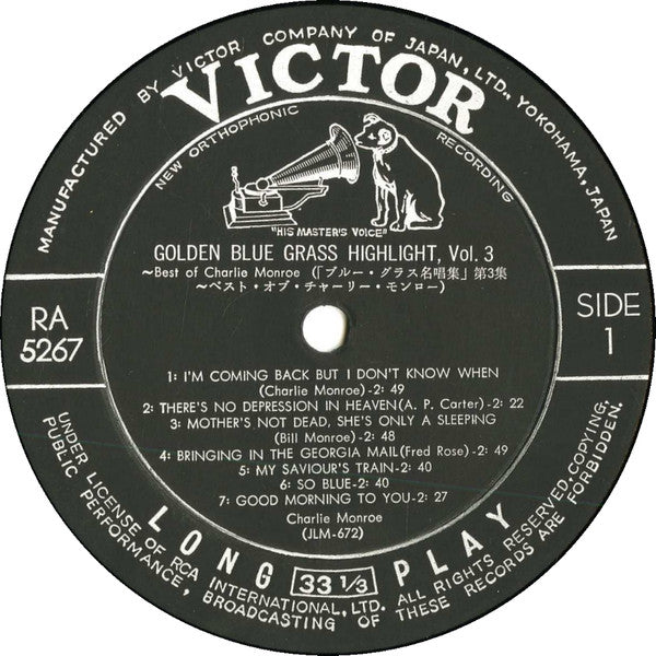 Charlie Monroe - Golden Blue Grass Highlight, Vol. 3, The Best Of Charlie Monroe (Vinyl, LP, Compilation, Mono) Very Good (VG) / Very Good (VG)