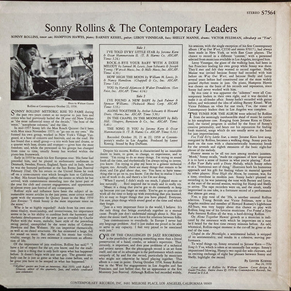 Sonny Rollins - Sonny Rollins And The Contemporary Leaders (Vinyl, LP, Album, Repress, Stereo) Very Good (VG) / Good Plus (G+)