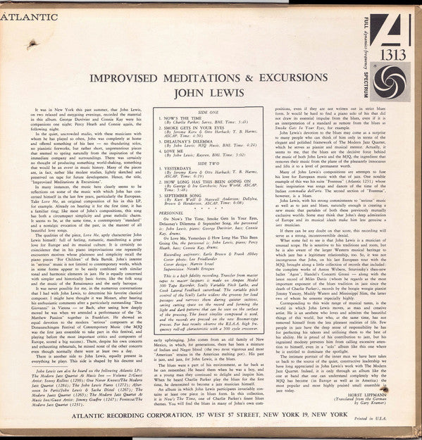 John Lewis (2) - Improvised Meditations & Excursions (Vinyl, LP, Album, Repress, Mono) Near Mint (NM or M-) / Very Good Plus (VG+)