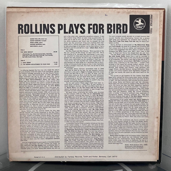 Sonny Rollins - Rollins Plays For Bird (Vinyl, LP, Album, Stereo, Reissue, Remastered) Very Good Plus (VG+) / Good Plus (G+)
