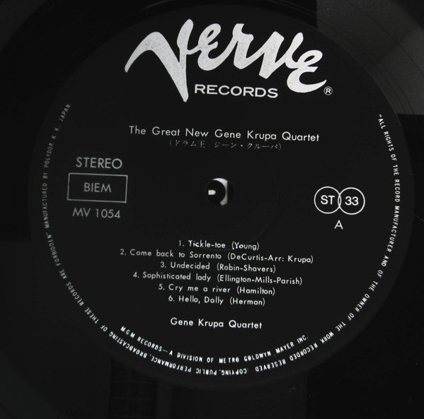 The Gene Krupa Quartet - The Great New Gene Krupa Quartet Featuring Charlie Ventura (Vinyl, LP, Stereo) Very Good Plus (VG+) / Very Good Plus (VG+)