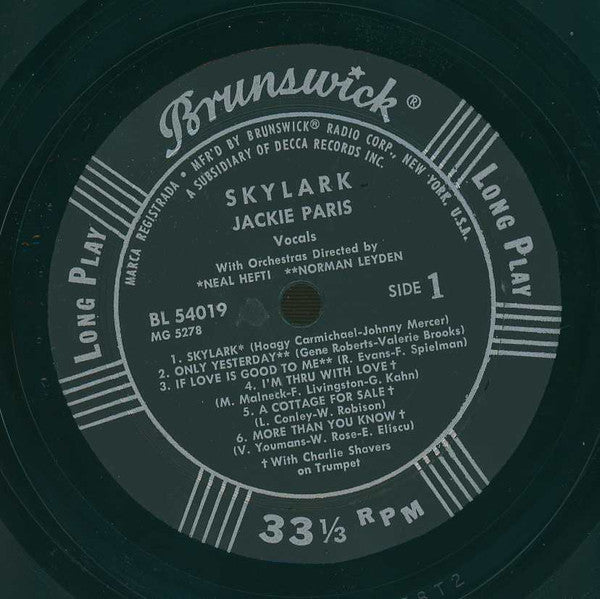 Jackie Paris - Skylark (Vinyl, LP, Album, Mono) Very Good (VG) / Near Mint (NM or M-)