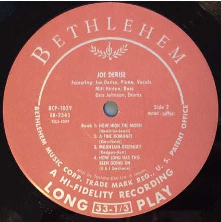 Joe Derise - Joe Derise Sings (Vinyl, 10", Deluxe Edition, Mono) Very Good Plus (VG+) / Very Good (VG)