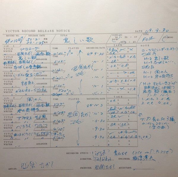 Takashi Nishioka - 哀しい歌 (Vinyl, LP, Album, Stereo)