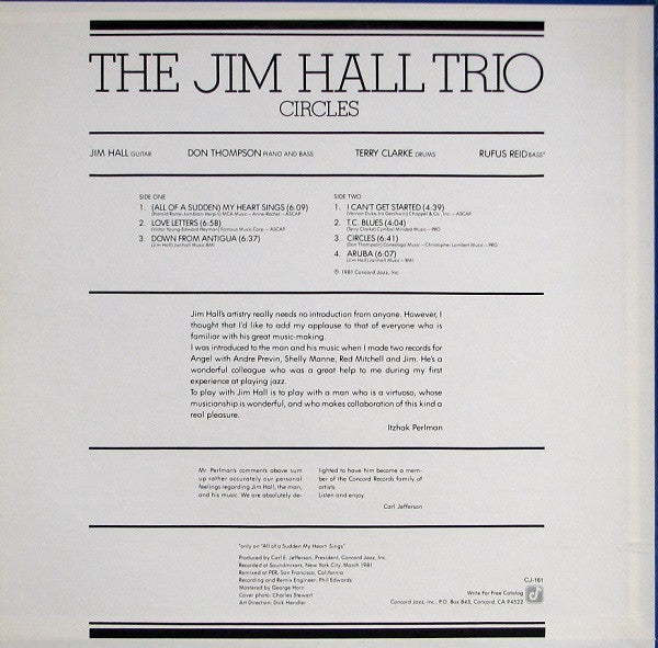 Jim Hall Trio - Circles (Vinyl, LP, Album) Very Good (VG) / Good Plus (G+)