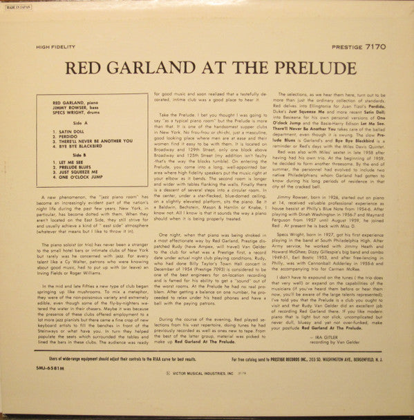 Red Garland - At The Prelude (Vinyl, LP, Album, Reissue, Mono) Very Good Plus (VG+) / Very Good Plus (VG+)