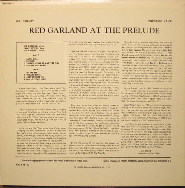 Red Garland - At The Prelude (Vinyl, LP, Album, Reissue, Mono)