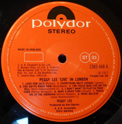 Peggy Lee - Live In London (Vinyl, LP, Album, Stereo) Very Good (VG) / Very Good Plus (VG+)