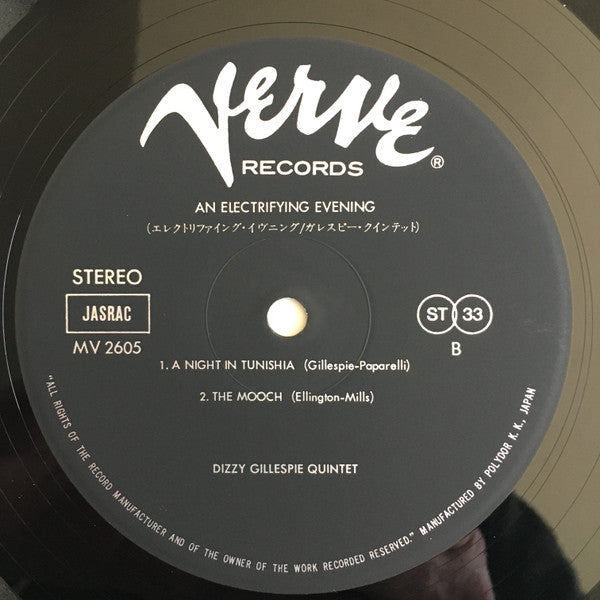 Dizzy Gillespie Quintet - An Electrifying Evening With The Dizzy Gillespie Quintet - Recorded Live In Concert (Vinyl, LP, Album, Reissue) Very Good Plus (VG+) / Very Good Plus (VG+)