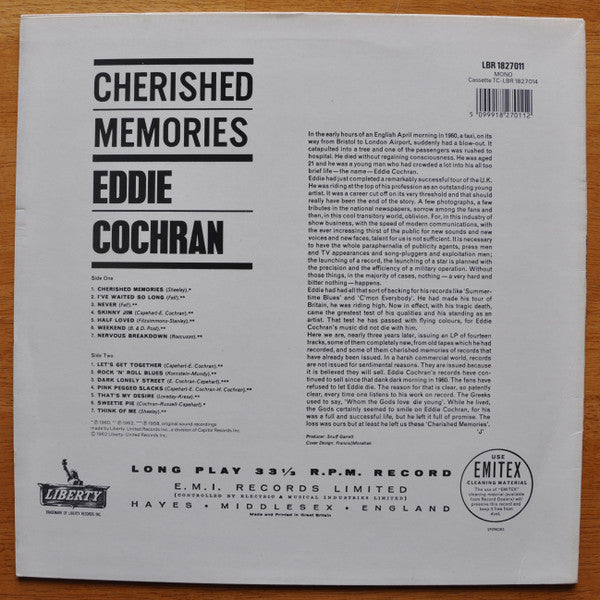 Eddie Cochran - Cherished Memories (Vinyl, LP, Album, Reissue, Mono) Very Good Plus (VG+) / Very Good (VG)