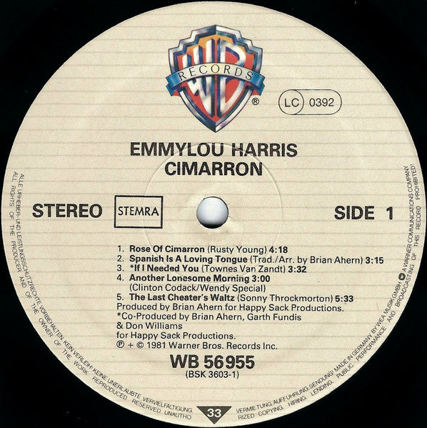 Emmylou Harris - Cimarron (Vinyl, LP, Album) Very Good Plus (VG+) / Very Good (VG)