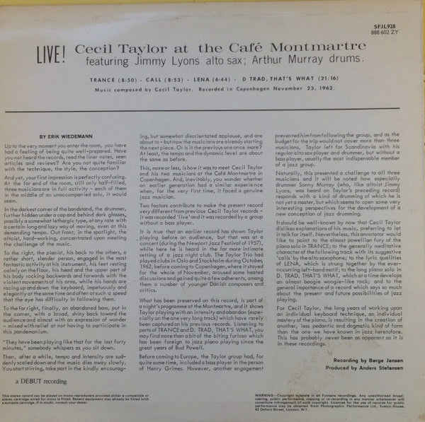 Cecil Taylor - Cecil Taylor At The Café Montmartre (Vinyl, LP, Album, Reissue) Very Good Plus (VG+) / Good Plus (G+)