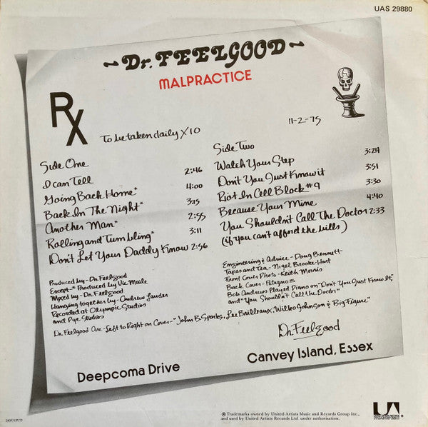 Dr. Feelgood - Malpractice (Vinyl, LP, Album, Stereo) Good Plus (G+) / Poor (P)