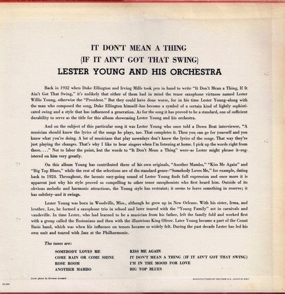 Lester Young And His Orchestra - It Don't Mean A Thing (If It Ain't Got That Swing) (Vinyl, LP, Album, Reissue, Mono) Very Good (VG) / Very Good (VG)