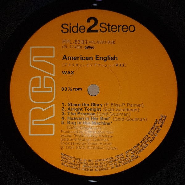 Wax (6) - American English (Vinyl, LP, Album) Very Good Plus (VG+) / Very Good Plus (VG+)