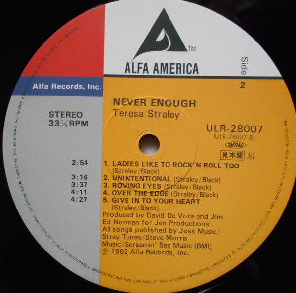 Teresa Straley - Never Enough (Vinyl, LP, Album, Promo) Near Mint (NM or M-) / Very Good (VG)