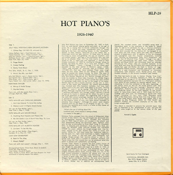 Various - Hot Pianos 1926-1940 (Vinyl, LP, Album, Compilation) Very Good Plus (VG+) / Good (G)