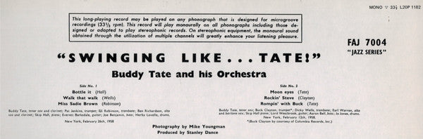Buddy Tate - Swinging Like Tate (Vinyl, LP, Album, Reissue, Mono) Very Good Plus (VG+) / Very Good Plus (VG+)