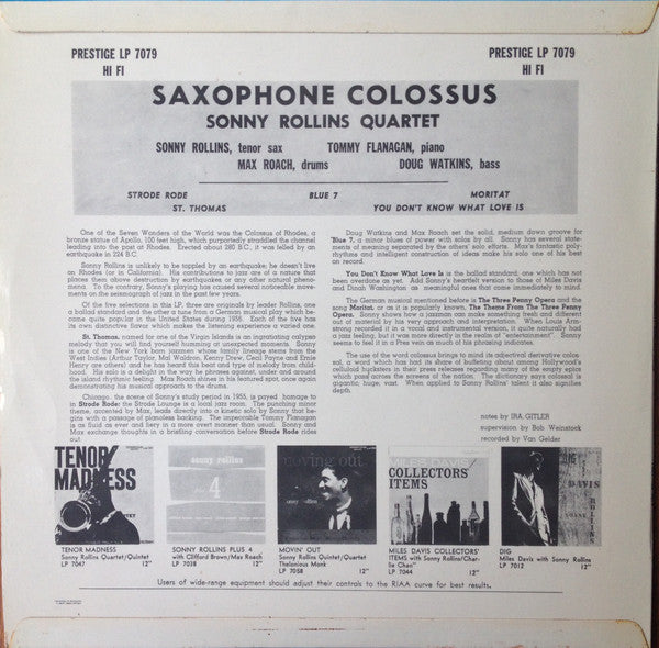 Sonny Rollins - Saxophone Colossus (Vinyl, LP, Album, Mono) Good Plus (G+) / Good Plus (G+)