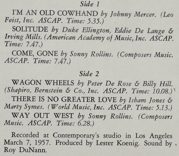 Sonny Rollins - Way Out West (Vinyl, LP, Album, Reissue, Stereo) Very Good Plus (VG+) / Very Good Plus (VG+)