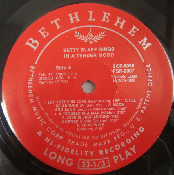 Betty Blake - Sings In A Tender Mood (Vinyl, LP, Album, Reissue, Mono) Near Mint (NM or M-) / Very Good Plus (VG+)