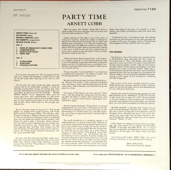 Arnett Cobb - Party Time (Vinyl, LP, Album, Limited Edition, Numbered, Reissue, Remastered, Stereo) Near Mint (NM or M-) / Near Mint (NM or M-)