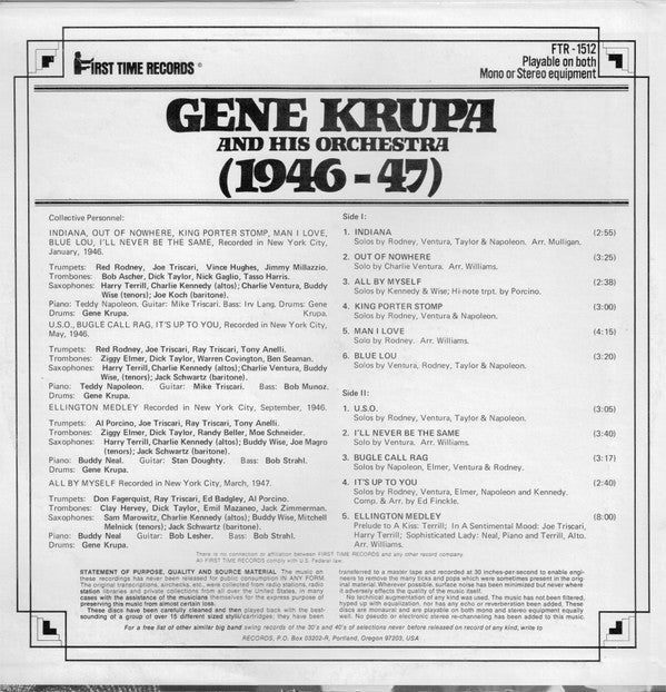 Gene Krupa And His Orchestra - (1946-47) - Instrumentals Never Before On Record (Vinyl, LP, Compilation, Mono) Near Mint (NM or M-) / Very Good Plus (VG+)
