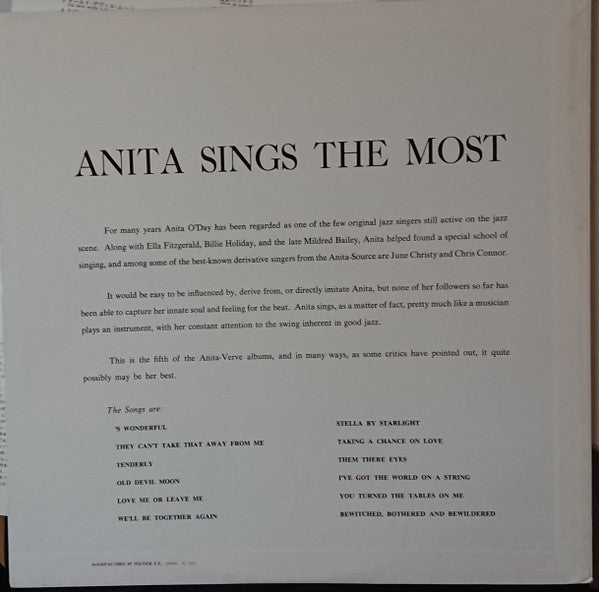 Anita O'Day - Anita Sings The Most (Vinyl, LP, Album, Reissue, Mono) Very Good (VG) / Very Good (VG)