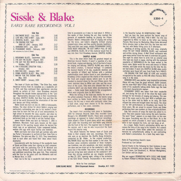 Sissle & Blake - Early Rare Recordings Vol. 1 (Vinyl, LP, Compilation) Very Good (VG) / Very Good (VG)