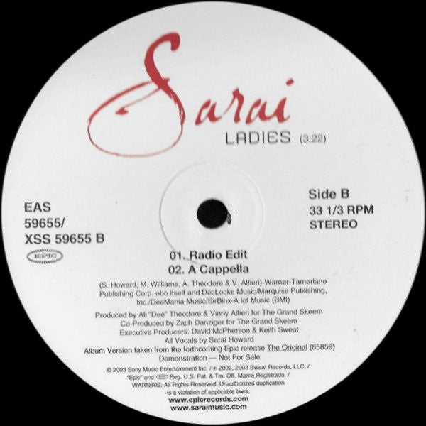 Sarai - Ladies (Vinyl, 12", 33 ⅓ RPM, Promo) Very Good Plus (VG+) / Very Good Plus (VG+)