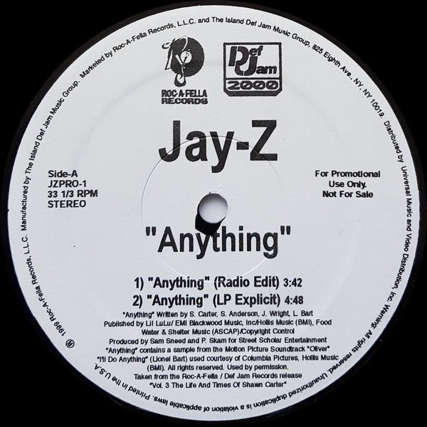 Jay-Z - Anything (Vinyl, 12", 33 ⅓ RPM, Promo) Very Good (VG) / Very Good (VG)