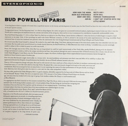 Bud Powell - Bud Powell In Paris (Vinyl, LP, Album, Reissue, Stereo) Very Good Plus (VG+) / Very Good Plus (VG+)