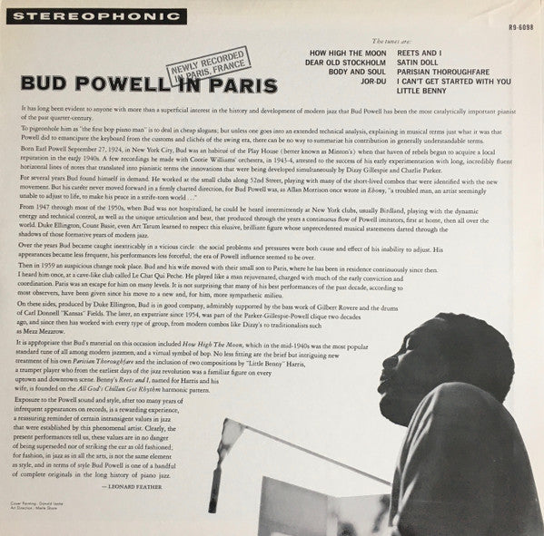 Bud Powell - Bud Powell In Paris (Vinyl, LP, Album, Reissue, Stereo) Very Good Plus (VG+) / Very Good (VG)