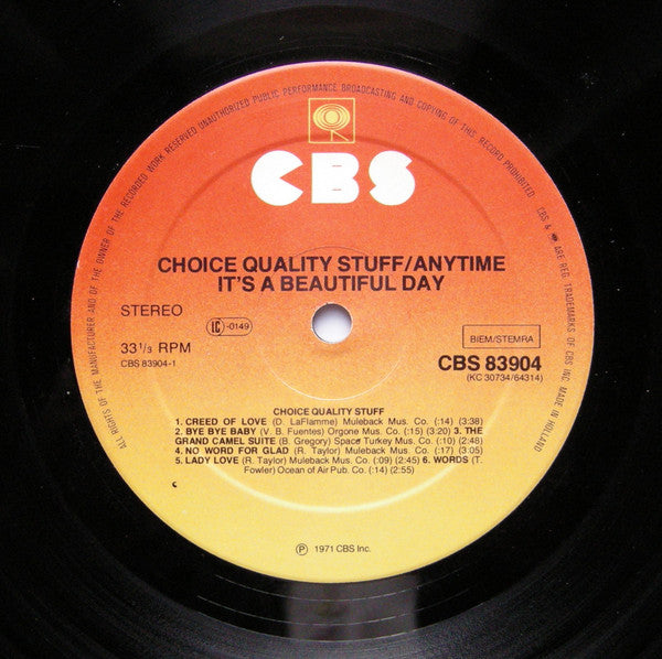 It's A Beautiful Day - Choice Quality Stuff/Anytime (Vinyl, LP, Album, Reissue) Very Good Plus (VG+) / Very Good (VG)