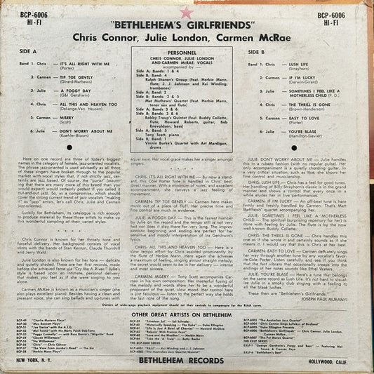 Chris Connor - Bethlehem's Girl Friends (Vinyl, LP, Compilation, Repress) Very Good Plus (VG+) / Good (G)
