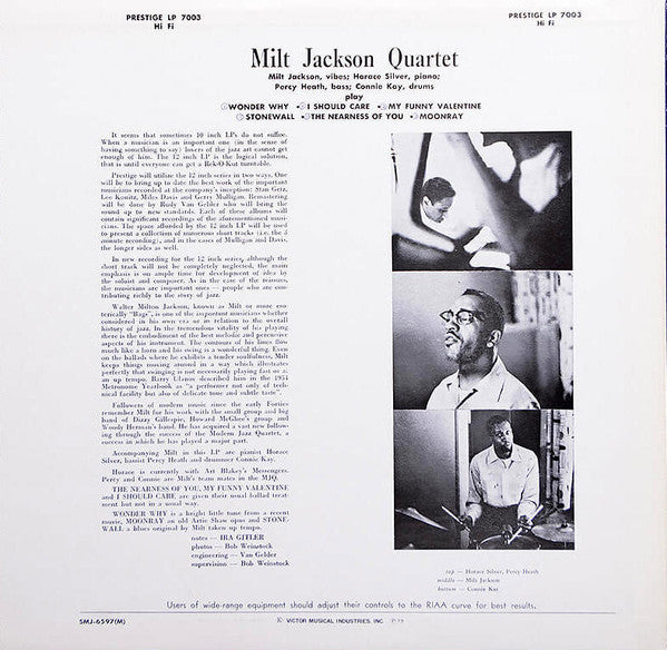 Milt Jackson - Milt Jackson Quartet (Vinyl, LP, Album, Reissue, Mono) Very Good Plus (VG+) / Very Good (VG)