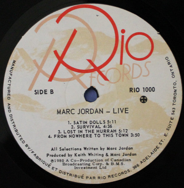 Marc Jordan - Live (Vinyl, LP, Album) Very Good Plus (VG+) / Very Good (VG)