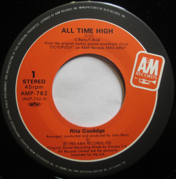 Rita Coolidge - All Time High (The Theme Song From Octopussy) (Vinyl, 7", 45 RPM, Single) Very Good Plus (VG+) / Very Good Plus (VG+)