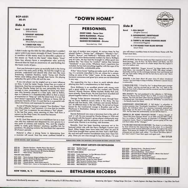 Zoot Sims - Down Home (Vinyl, LP, Reissue, Stereo) Good Plus (G+) / Very Good Plus (VG+)