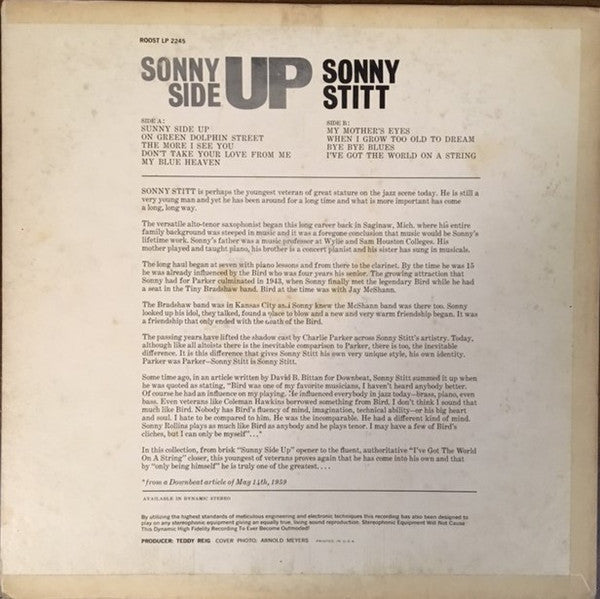 Sonny Stitt - Sonny Side Up (Vinyl, LP, Album, Mono) Very Good (VG) / Good Plus (G+)