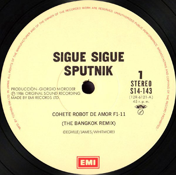 Sigue Sigue Sputnik - Love Missile F1-11 (The Bangkok Remix) (Vinyl, 12", 45 RPM, Single) Very Good Plus (VG+) / Very Good (VG)